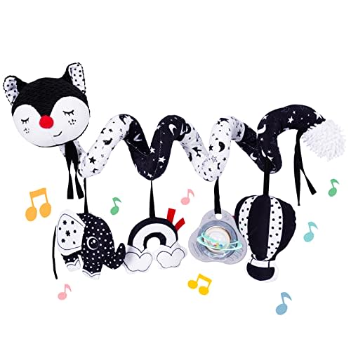 Koty Car Seat Toys, Infant Baby Spiral Plush Activity Hanging Toy for Stroller Bar Pram Crib with Music Box BB Squeaker & Rattles(Black Fox)