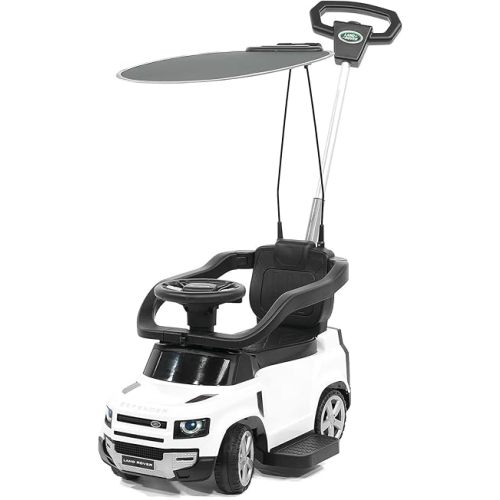 Land Rover Defender Kids Ride On Push Car Foot to Floor RideOn Toy with Removable Sunshade Canopy + LED Lights + Music & Engine Sounds + Locking Steering Wheel (White)