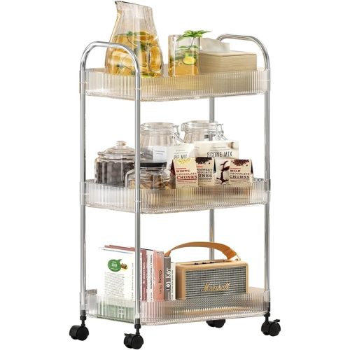 3 Tier Rolling Cart with Wheels, Utility Trolley with Handle, Clear Acrylic Movable Storage Organizer for Kitchen, Bathroom, Nursery, Laundry, Book, Snack, Craft