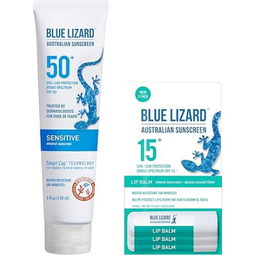 Bundle of BLUE LIZARD Sensitive Mineral Sunscreen with Zinc Oxide Sensitive, SPF 50 5 Fl Oz + 3-Pack Blue Lizard Mineral SPF 15 Lip Balm:Natural Coconut Flavor, Each Tube 0.13 oz.