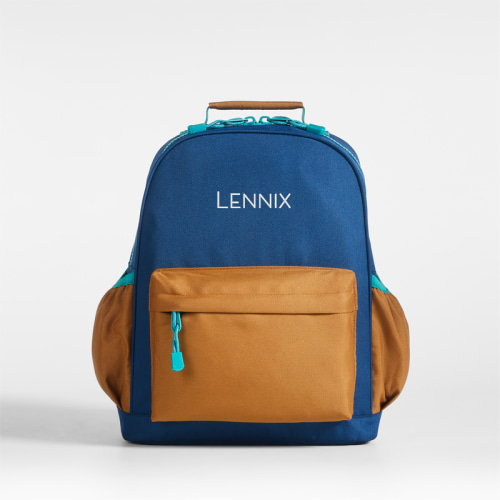 Personalized Colorblock Navy and Ochre Medium Kids Backpack with Side Pockets