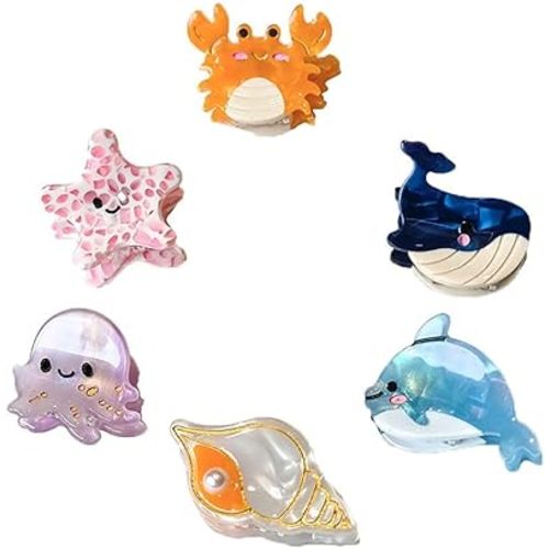 6PCS Sea Animals Small Hair Claw Clips for Women Girls Mini Ocean Hair Clip Hair Accessories with Sturdy Grip White Elephant Gifts