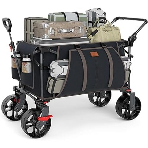 EVER ADVANCED Folding Push Wagon with Brakes, Portable Shopping Cart, Collapsible Wagon Cart with All-Terrain Big Wheels for Camping, Beach, Sports