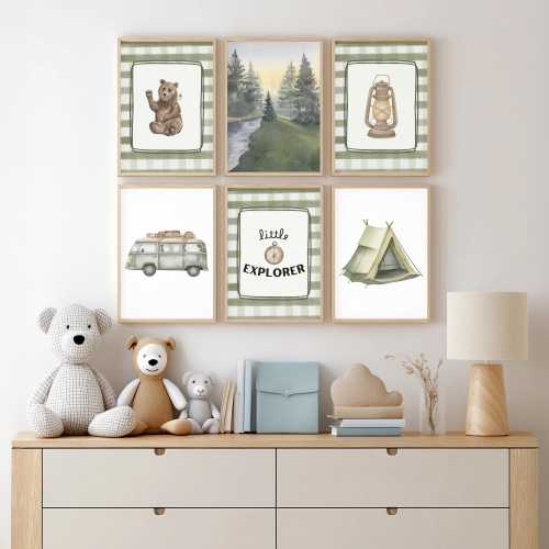 Woodland Nursery Art Prints: Bear, Tent, Camper, Forest (Set of 6) (Digital Download)