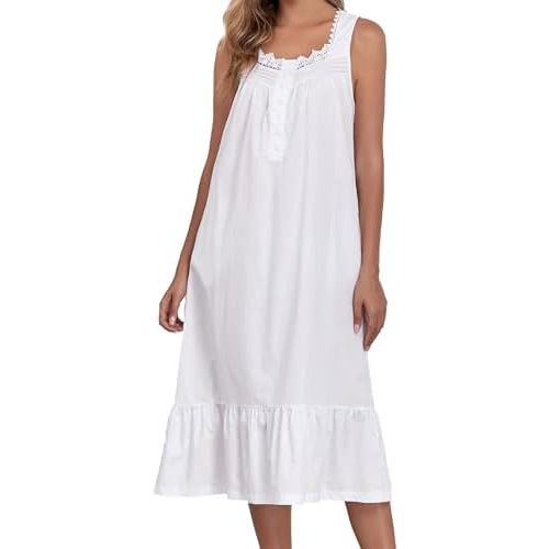 100% Cotton Nightgowns For Women Sleeveless Night Gown Long Sleep Dress With Pockets