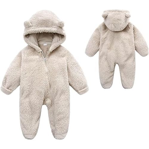 Baby Fleece Hooded Romper Winter Outwear Jumpsuit Snowsuit Bear Ear Outfits for Boys Girls
