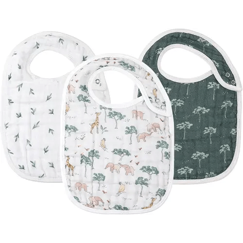 Snap Muslin Bibs for Girls, 3-Pack Baby Bibs for Infants, Newborns and Toddlers, 100% Cotton Muslin Absorbent & Soft Layers, Adjustable Snaps,Animal Jungle, 0-36Month "Animal Jungle"
