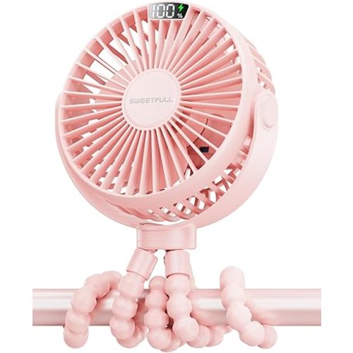 SWEETFULL Portable Stroller Fan, with Display 4000mAh Battery Powered Mini Clip On Fan, 4-Speed Rechargeable Small Personal Fan Handheld Desk Cooling Fan for Baby Car Seat Crib Travel Pink