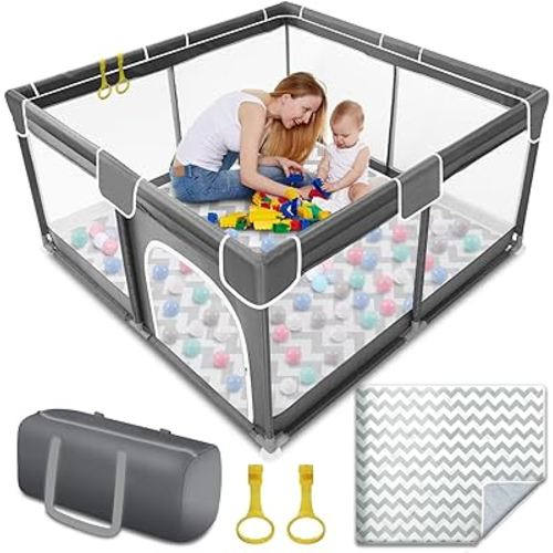 Baby Playpen with Mat, 50x50 inch Baby Play Yard with Playmat, Toddler Playpen with Soft Breathable Mesh, Indoor & Outdoor Activity Center, Kids Play Pen with Bag
