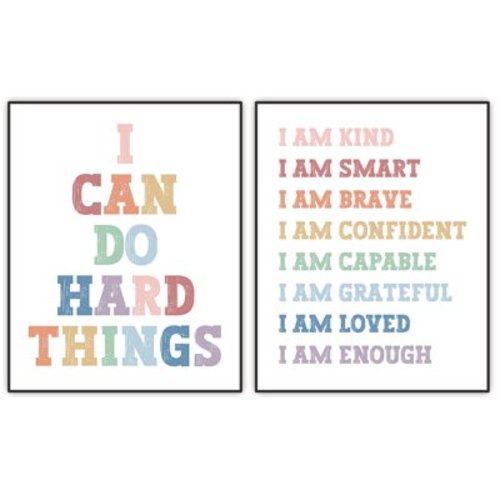 Kids Affirmations, Kids Wall Art, Classroom Wall Decor, Playroom Posters, Boho Nursery Decor, I Am Kind, I Can Do Hard Things, Kids Room Decor, UNFRAMED Prints Set of 2 (8"x10")