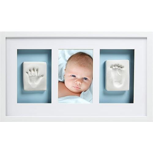 Babyprints Deluxe Wall Frame, Reversible Pink & Blue Newborn Handprint and Footprint Photo Frame Kit, Clay Baby Prints Impression Kit, Gender-Neutral Baby Keepsake, Baby Nursery Décor, White