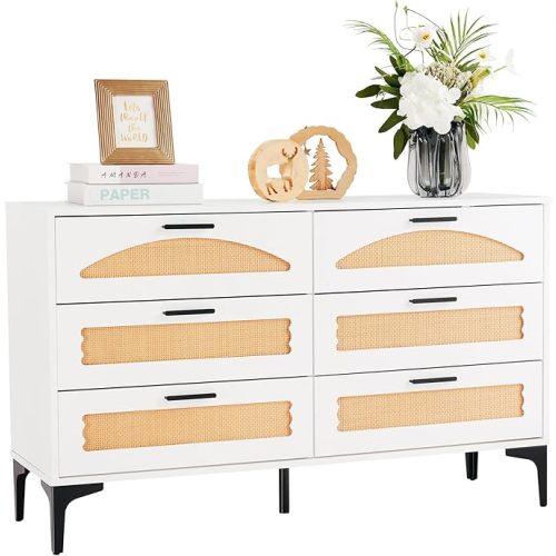 6 Drawer Double Dresser for Bedroom, Wood Rattan Dresser for Closet with Metal Handles, Boho TV Stand with Drawers, White Dressers & Chests of Drawers for Dressing Room, Hallway, Entryway