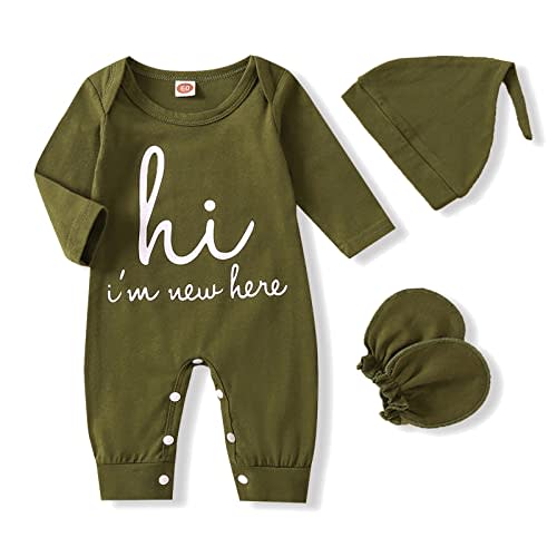 GRNSHTS Newborn Baby Boy Romper Coming Home Outfits Letter Print Bodysuit Jumpsuit+Hat+Gloves 3PCS Clothes Set