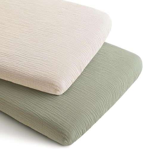 Konssy 2 Pack Muslin Bassinet Sheets for Boys, Girls, 100% Cotton Soft Breathable Fitted Bassinet Mattress Sheet, 33 x 21 inches (Fog Green,Cream)
