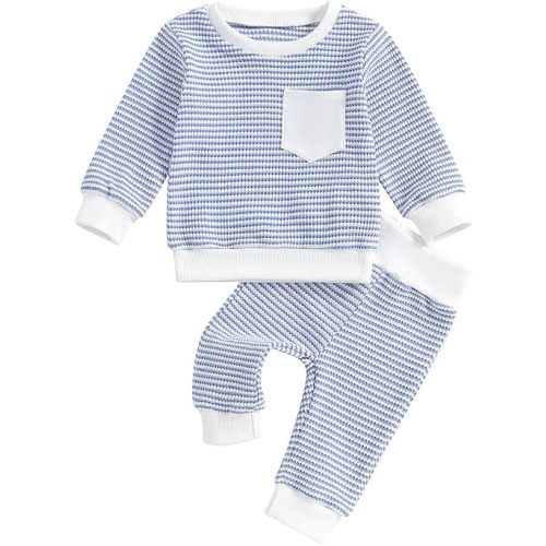ZAXARRA Baby Boy Fall Clothes Long Sleeve Toddler Boy Waffle Sweatshirt Pullover Tops Pants Infant Fall Winter Outfits