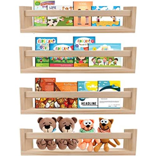 Nursery Book Shelves Set of 4,Wood Floating Nursery Shelves for Wall,Wall Bookshelves for Kids,Bathroom Decor, Kitchen Spice Rack (Set of 4)