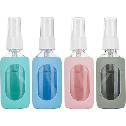 HOMBYS Empty Clear Glass 2oz Small Spray Bottles with Silicone Sleeve Protection - Refillable Containers for Travel, Cleaning Solutions, Essential Oils, Sanitizers - Fine Mist Spray - 4 Pack-Clear