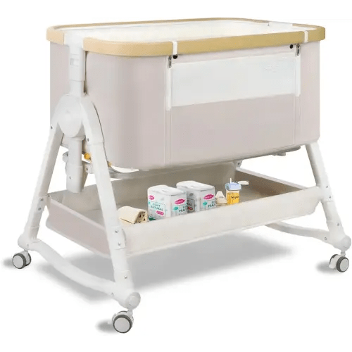 4 in 1 Baby Bassinet, Bassinet Bedside Sleeper with Wheels and Storage Basket, Adjustable 7 Heights Bedside Sleeper with Musquito Net, Breathable Mesh Rocking Bassinet for Baby/Newborn