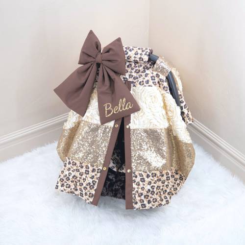 Brown Leopard & Gold Baby Girl Car Seat Cover Canopy - Personalized Gold Embroidery - Gift for Newborn Infant - Gold Sequin and Rosette