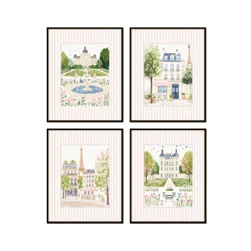 Pink Striped Paris Print Set No. 1, France Cottage Decor, Paris Travel Prints, Paris Nursery Art, French Chateau Art, Grandmillennial Art