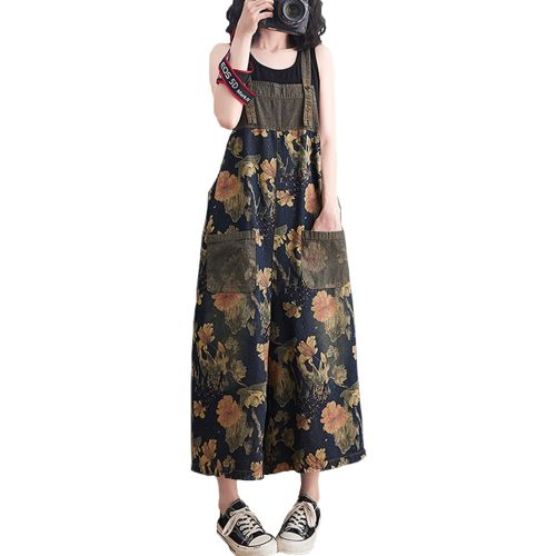 VIEWON Women's Loose Adjustable Straps Print Baggy Denim Overalls Casual Bib Jeans Wide Leg Jumpsuit Rompers Pants