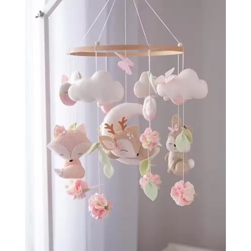 Woodland Nursery Mobile, Pink and White Felt Deer Baby Mobile with Flowers and Clouds, Handmade Crib Mobile for Girls