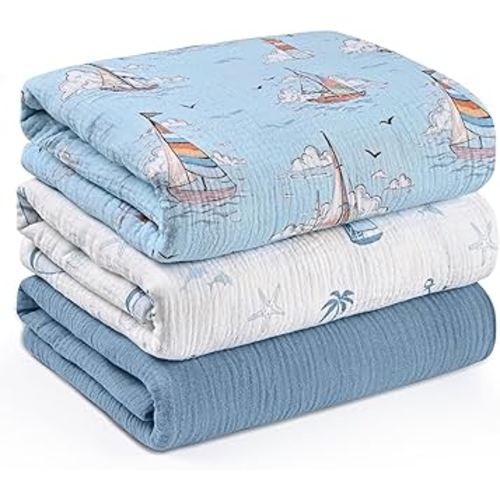 Muslin Swaddle Blankets for Newborn, 3 Pack Breathable Soft Receiving Blanket, Large 38 x 40 inches Swaddle Wrap Burping Clothes, Essentials Infant Shower Items, Toddler Gift (Blue Sea)