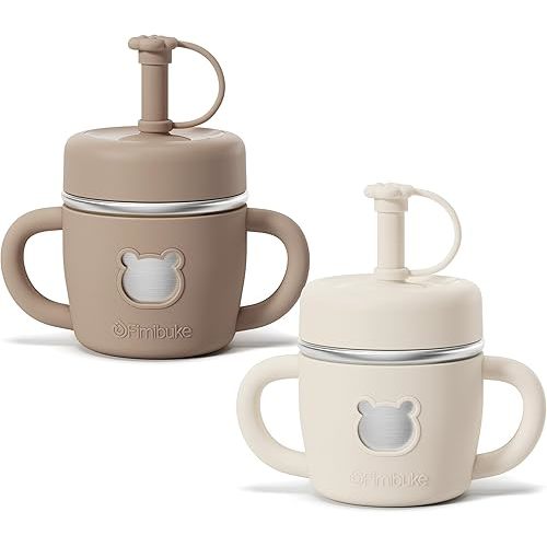 Fimibuke Sippy Cups for Toddlers, 10 OZ Spill Proof Kids Cup, Leak Proof Stainless Steel Tumbler with Handle, Silicone Straw & Sleeve, BPA Free Dishwasher Safe Girl Boy Kids Water Bottle, 2 Packs