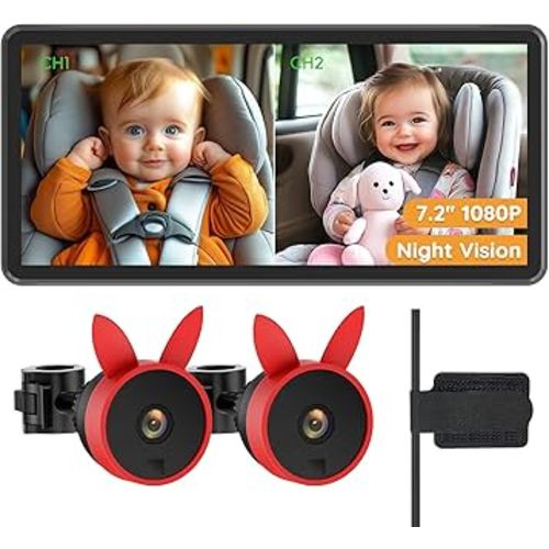 Baby Car Camera for 2 Kids - 7.2" Large HD Display Dual Channel Baby Monitor, Clear 1080P IR Night Vision Car Seat Camera, Easy Install & Secure Rear-Facing View