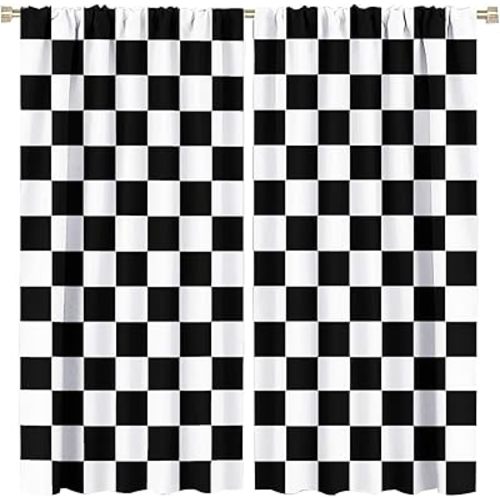 Black White Curtains Racing Style Checkered Flag Racing Race Car Line Rod Pocket Blackout Window Drapes 2 Panels Set for Bedroom Living Room Decor 42x45in
