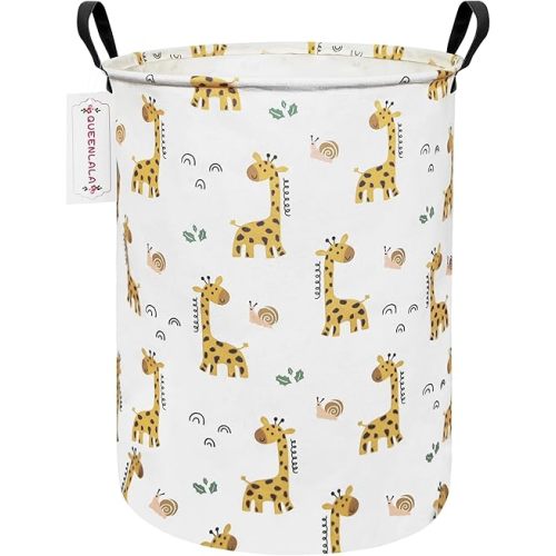 QUEENLALA Large Storage Basket,Laundry Hamper/Bathroom/Home Decor/Collapsible Round Storage Bin,Boys and Girls Hamper/Boxes/Clothing(Round-Yellow Giraffe)
