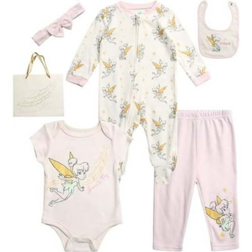 Disney Newborn Baby Layette Set - 6 Piece Disney Bodysuit Coveralls Sweatpants, Hat, Gift Bag (0-6M)