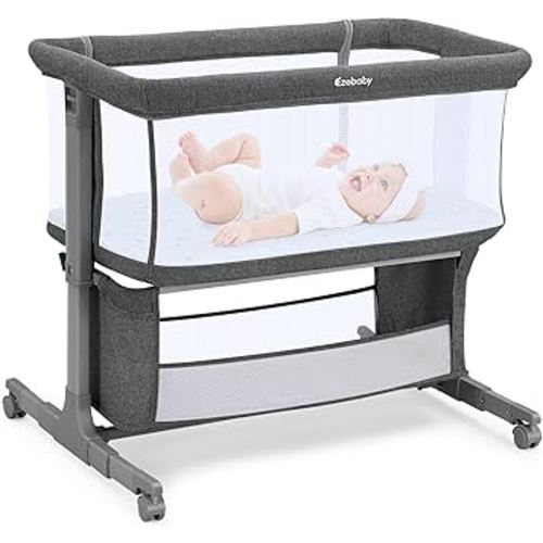 Ezebaby Bedside Bassinet for Baby, Portable Baby Bassinet Bedside Sleeper for Newborn Infants with Wheels Storage Basket, Adjustable 7 Heights and All Mesh Sides
