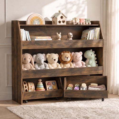 Scohul 3-Tier Kids Toy Storage Organizer, Montessori Toddler Bookshelf with Rolling Bins for Playroom & Nursery, Rustic Brown