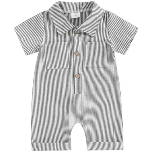 Baby Boy Vertical Striped Romper with Pockets One Piece Lapel Neck Short Sleeve Buttons Jumpsuit Spring Summer