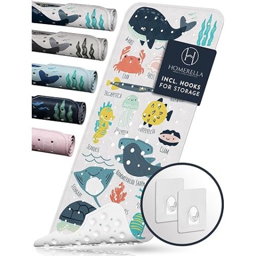 Homerella Baby Bath Tub Mat | Anti Mold Mildew Resistant Non Slip Kids and Adult Bath Tub Shower Mats | 40x16 inch Long with Suction Cups for Secure Grip Hooks for Storage & Drying | Machine Washable