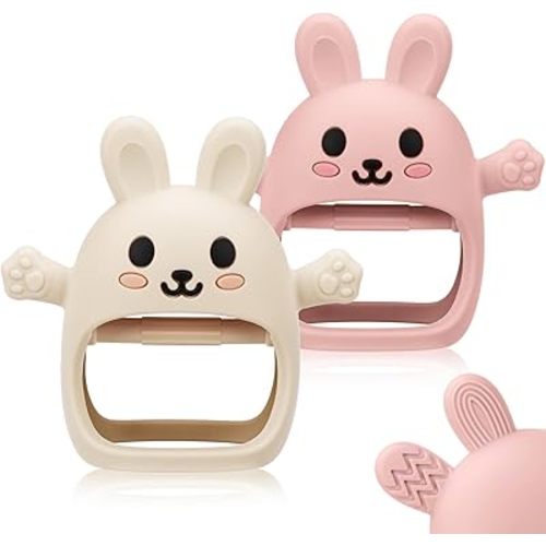 2 Pack Baby Teething Toy for 3-6 6-12 Months, Silicone Bunny Teething Mitten, Anti Drop Wrist Hand Baby Teethers 0 3 6 9 12 Months for Babies Sucking Needs (Beige & Light Pink)