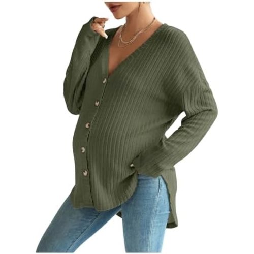 COZYEASE Women's Maternity Ribbed Knit Button Down Tee Shirt Drop Shoulder V Neck Sweater Top