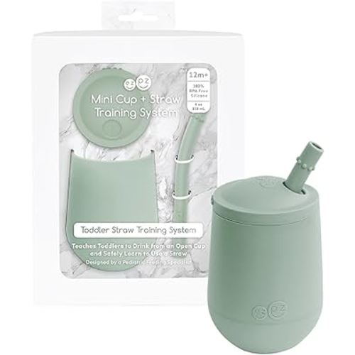 ezpz Mini Cup + Straw Training System - 9 Months+ (Sage) - 100% Silicone Training Cup for Infants + Toddlers - Designed by a Pediatric Feeding Specialist