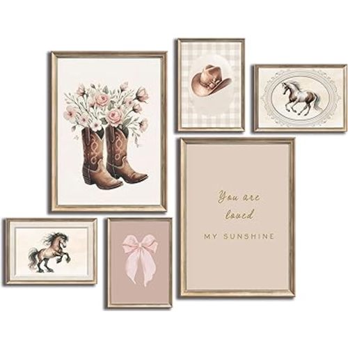 YKVDOROK 6Pcs Cowgirl Nursery Wall Art Coquette Western Girl Poster Rustic Cowgirl Wall Decor Girl Boots Hat Pictures Prints Pink Vintage Horse Canvas Painting for College Style Dorm Decor Unframed