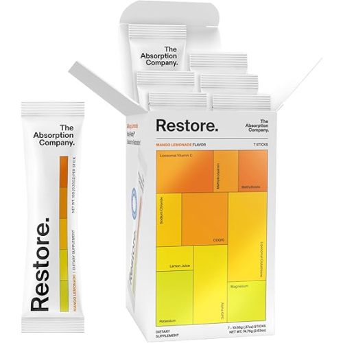 Electrolyte Powder Packets - Workout Recovery & Hydration Drink Mix with Liposomal Glutathione, Vitamin C & Methylated B Vitamins - Mango Lemonade (7 Sticks)