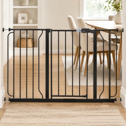 Regalo Safety 29-49" Easy Step Extra Wide Baby Gate for Doorways & Bottom of Stairs, Pressure Mounted Safety Gate with Door for Babies, Toddlers & Pets, Black