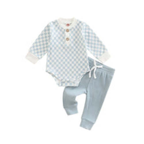 Infant Baby Girls Boys Clothes Sets 2pcs Checkerboard Plaid Printed Ribbed Long Sleeve Romper Pants