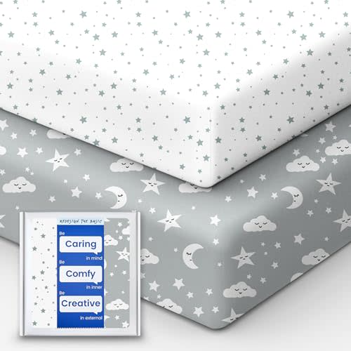 TotBasic Crib Fitted Sheet Star, Super Stretchy Jersey Crib Sheets, Buttery Soft Boy Crib Mattress Sheets, Ultra Breathable Baby Bed Sheets 28x52x9 Extra Deep Pocket, 2 Pack