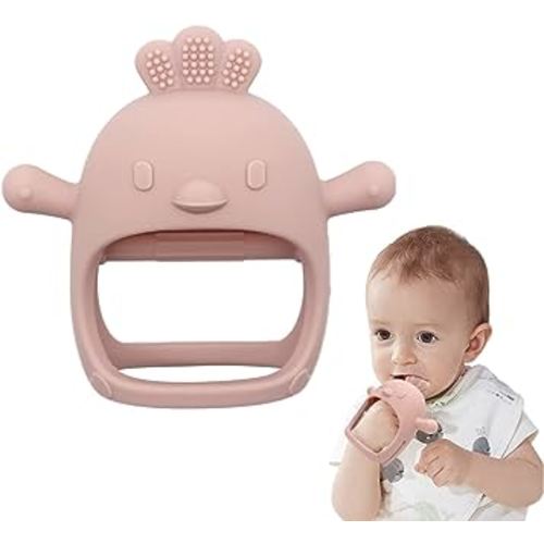 Chick Shape Baby Teething Toys, Never Drop Hand Wrist Teether, Baby Chew Toys for Sucking Needs, Food-Grade Silicone Baby Mitten Teether for Soothing Teething Pain Relief, Easy to Grip(Light Pink)