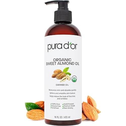 PURA D'OR 16 Oz ORGANIC Sweet Almond Oil - 100% Pure & Natural USDA Certified Cold Pressed Carrier Oil For DIY Beauty - Non-Greasy, Unscented, Hexane Free Moisturizer - Massage Oil For Hair & Skin