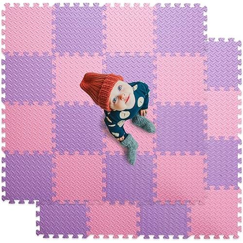 Foam Floor Mats for Kids, 12 x 12 Inch 16 Tiles 0.4" Thickness Foam Play Mat, Non-Toxic Square Interlocking Floor Mats Rubber Baby Play Mat for Toddlers(Pink/Purple)