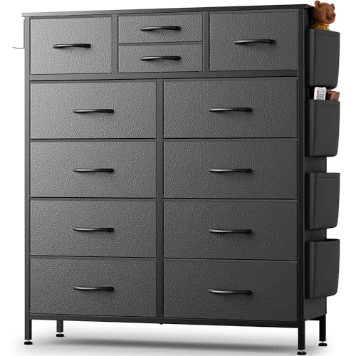 Black Dresser for Bedroom, Dresser & Chest of Drawers w/Side Pockets and Hooks, Closet Storage Modern PU Finish for Kids Room, Hallway, Entryway