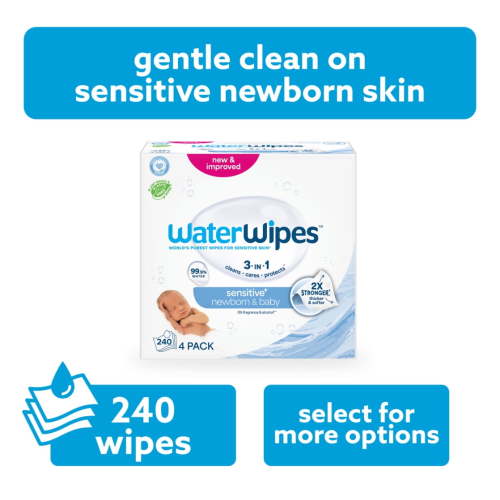 WaterWipes Natural Non-Fragrance Baby Wipes, 99.9% Water Based, 4 Packs (240 Wipes)