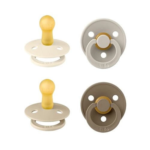 BIBS Pacifiers - Colour 4-Pack | BPA Free Baby Pacifier | Round Nipple Binkies | Natural Rubber Latex Soother | Made in Denmark | Size 6-18 Months | Vanilla Mix